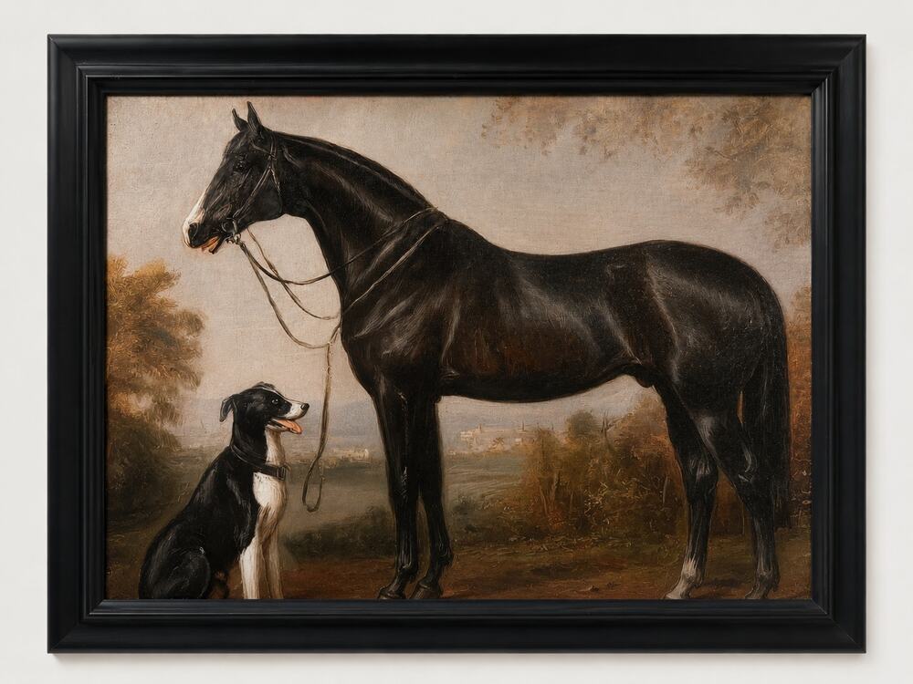 Vintage Style Black Horse & Dog Framed Equestrian Art Print Country Decor